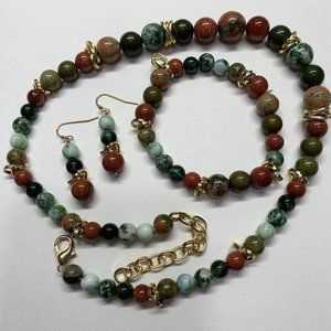 Agate & Sandstone with Gold Accent Necklace, Stretch Bracelet & Earrings (617)